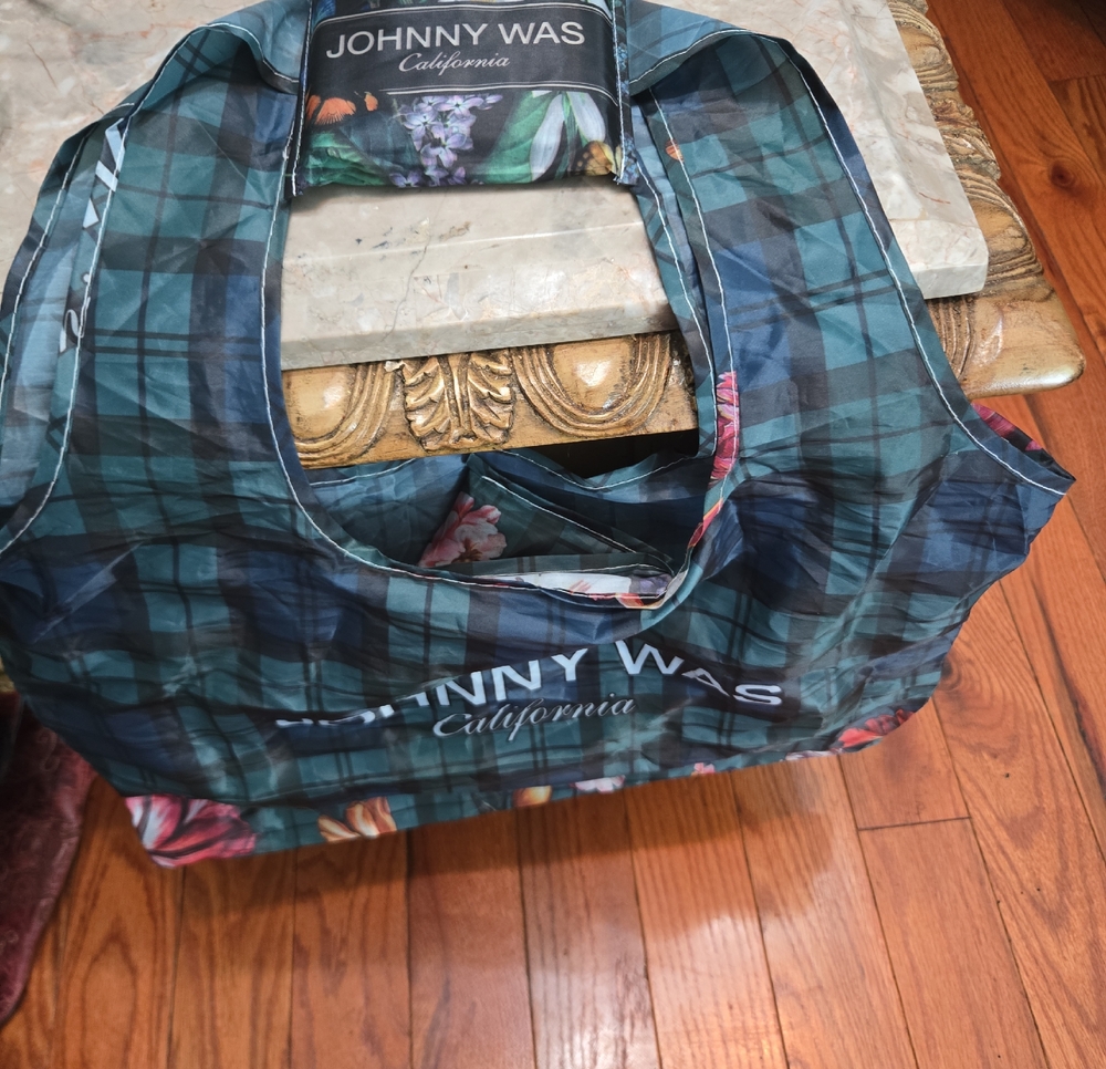 Johnny Was Green Plaid Foldable Tote with Floral Trim